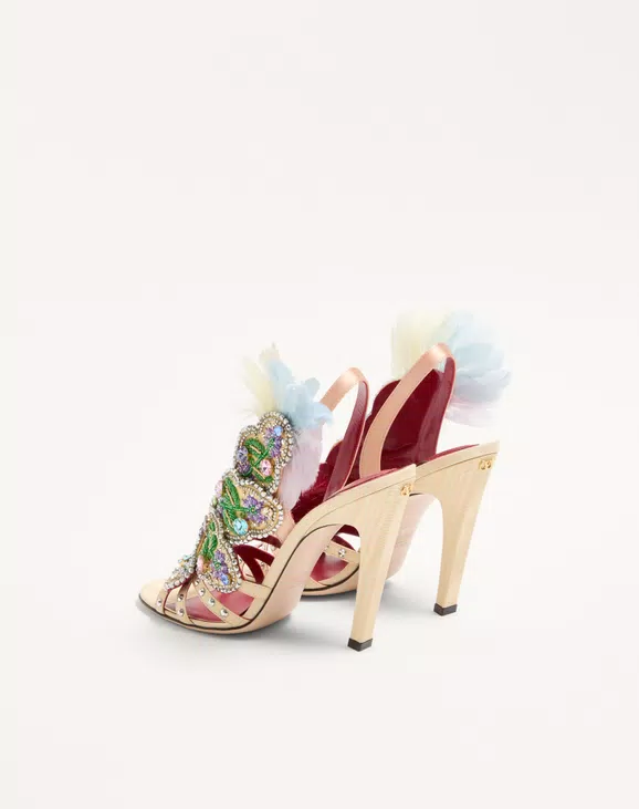 Valentino Dans Le Foyer Sandal In Moiré Fabric With Floral Embroidery And Feathers 105Mm - Image 4